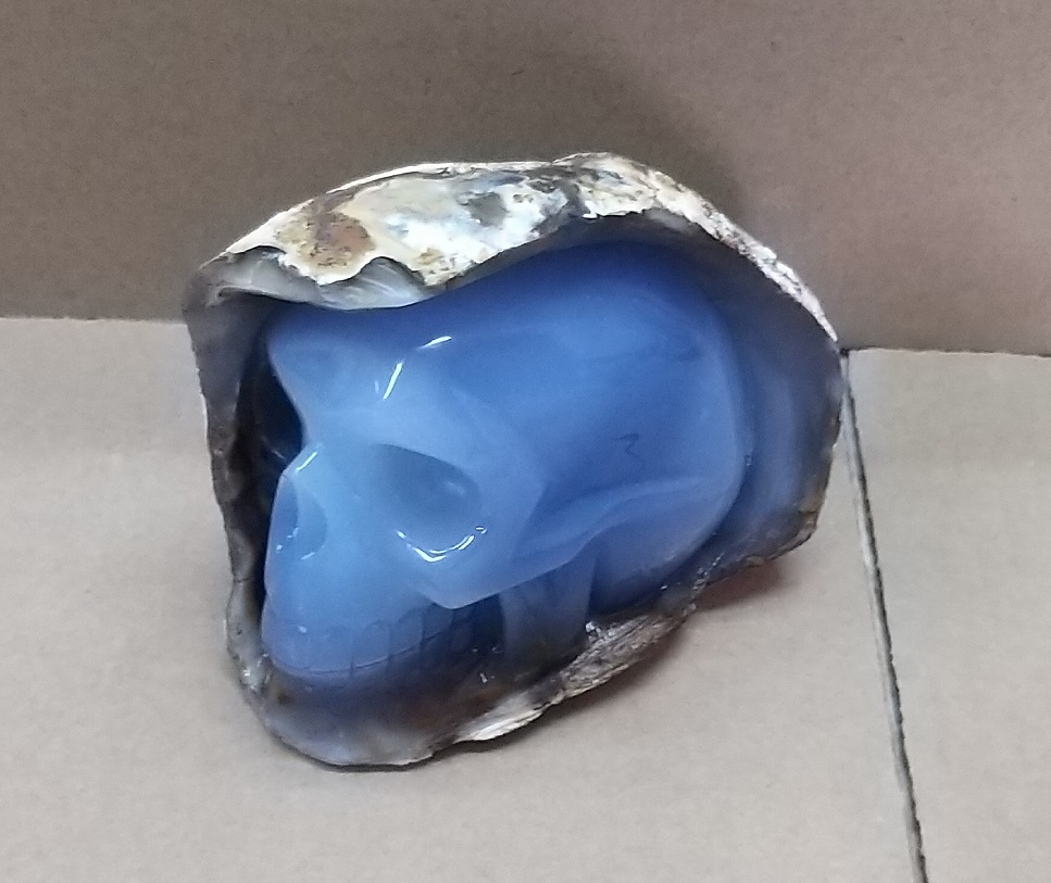 blue chalcedony geode skull