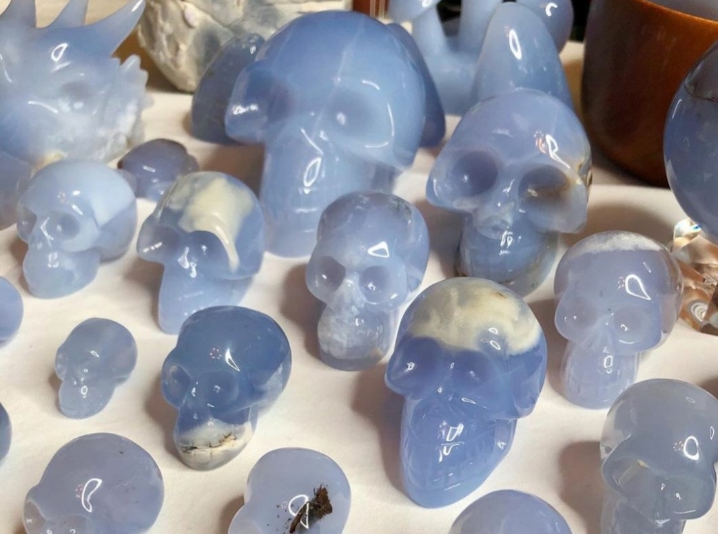 blue chacledony human skulls